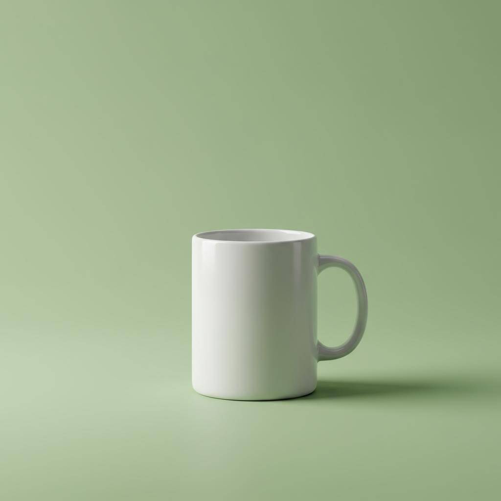 A simple white mug on a green background.