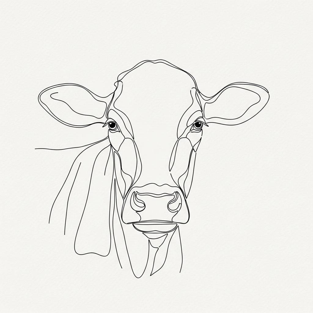 Continuous line drawing of a cow's face