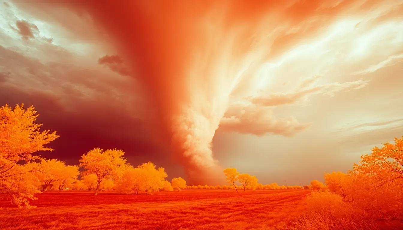 Orange-hued tornado in a vibrant field