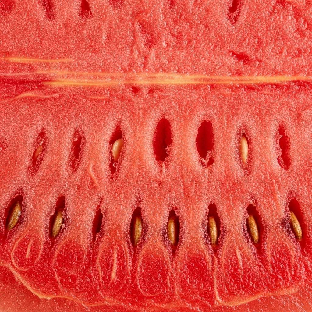 Close-up of a watermelon slice revealing seeds and texture.