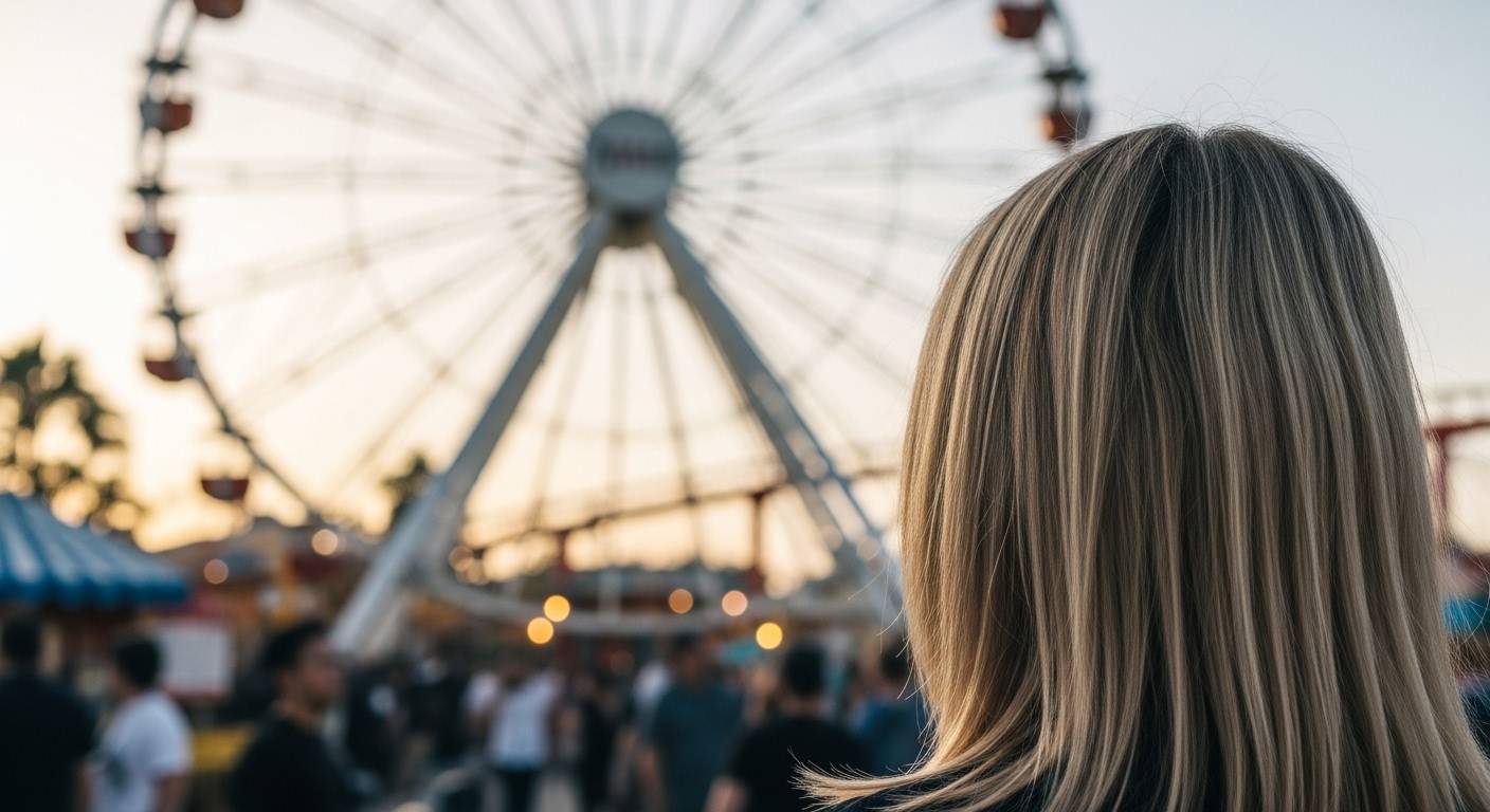 A person with long hair observing a ferris wheel during sunset.