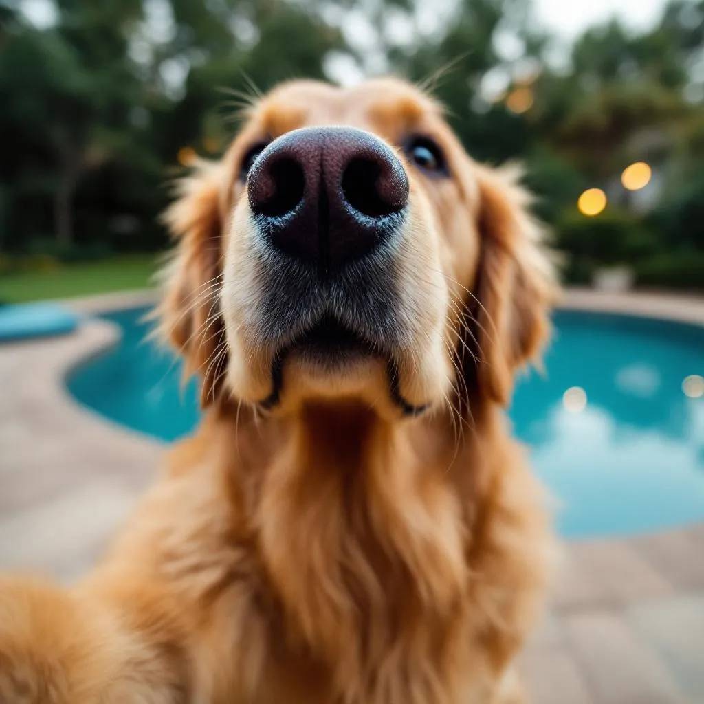 Close-up of a dog's nose by a pool