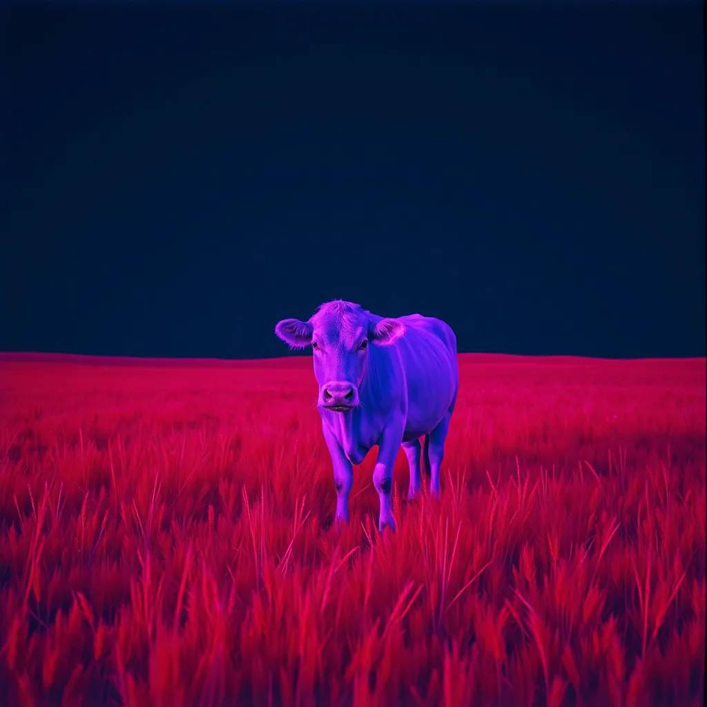 Cow in surreal pink and blue grassy field