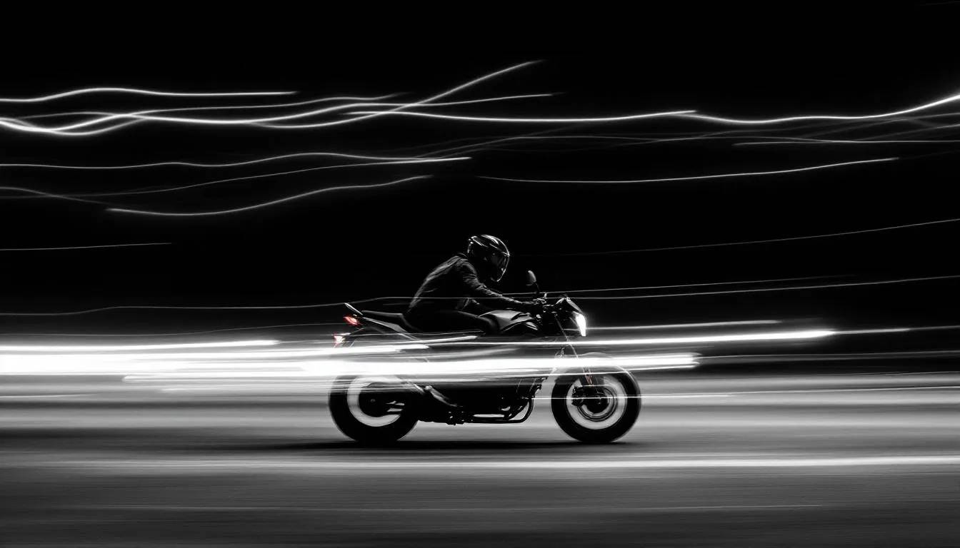 Motorcyclist in motion with light trails against a dark background.