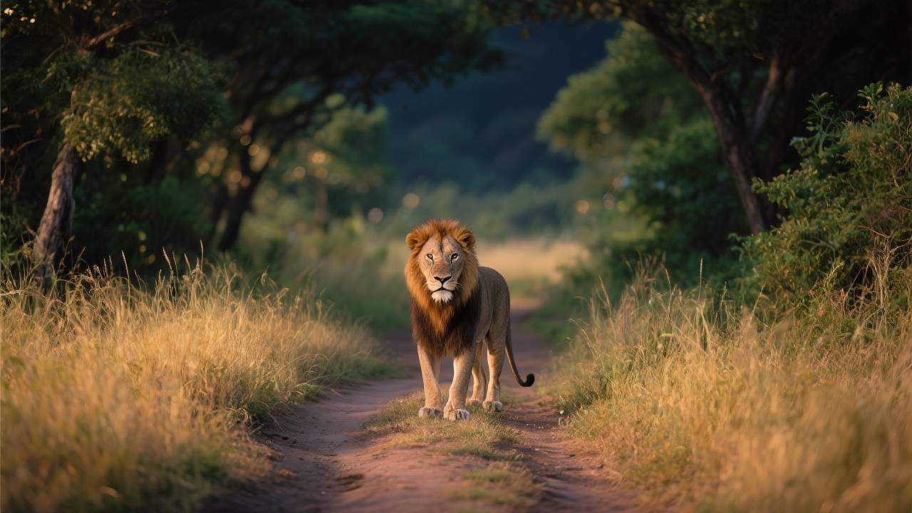 Lion walking on a sunlit path in the savanna