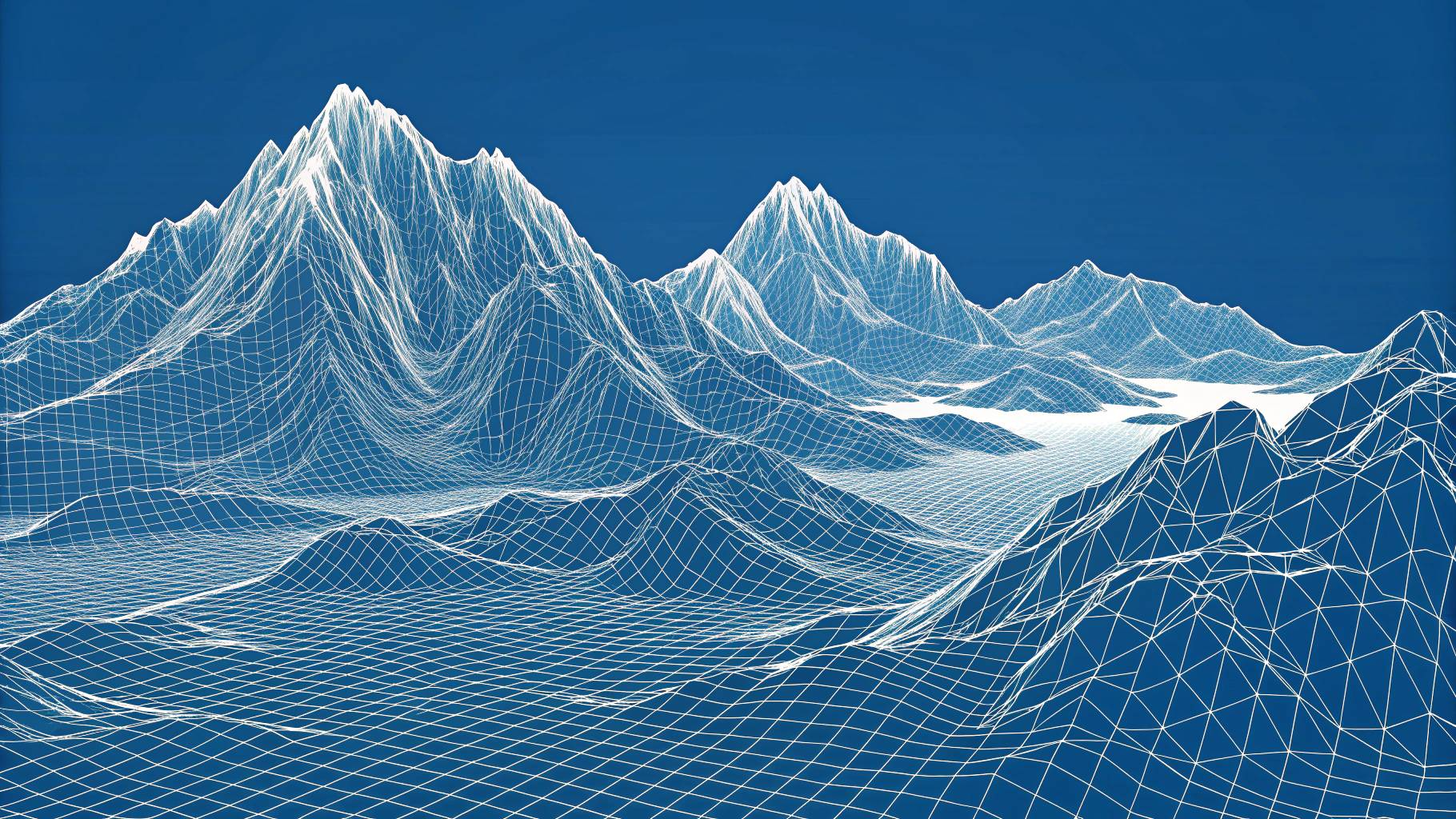 Digital wireframe mountain landscape with peaks and valleys on a blue background.