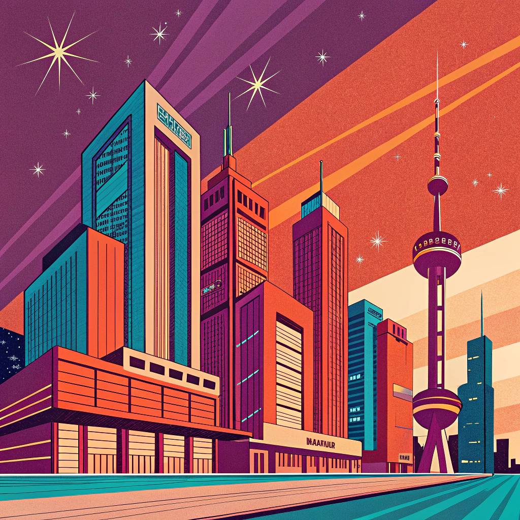 Colorful city skyline with futuristic buildings and stars in the night sky.