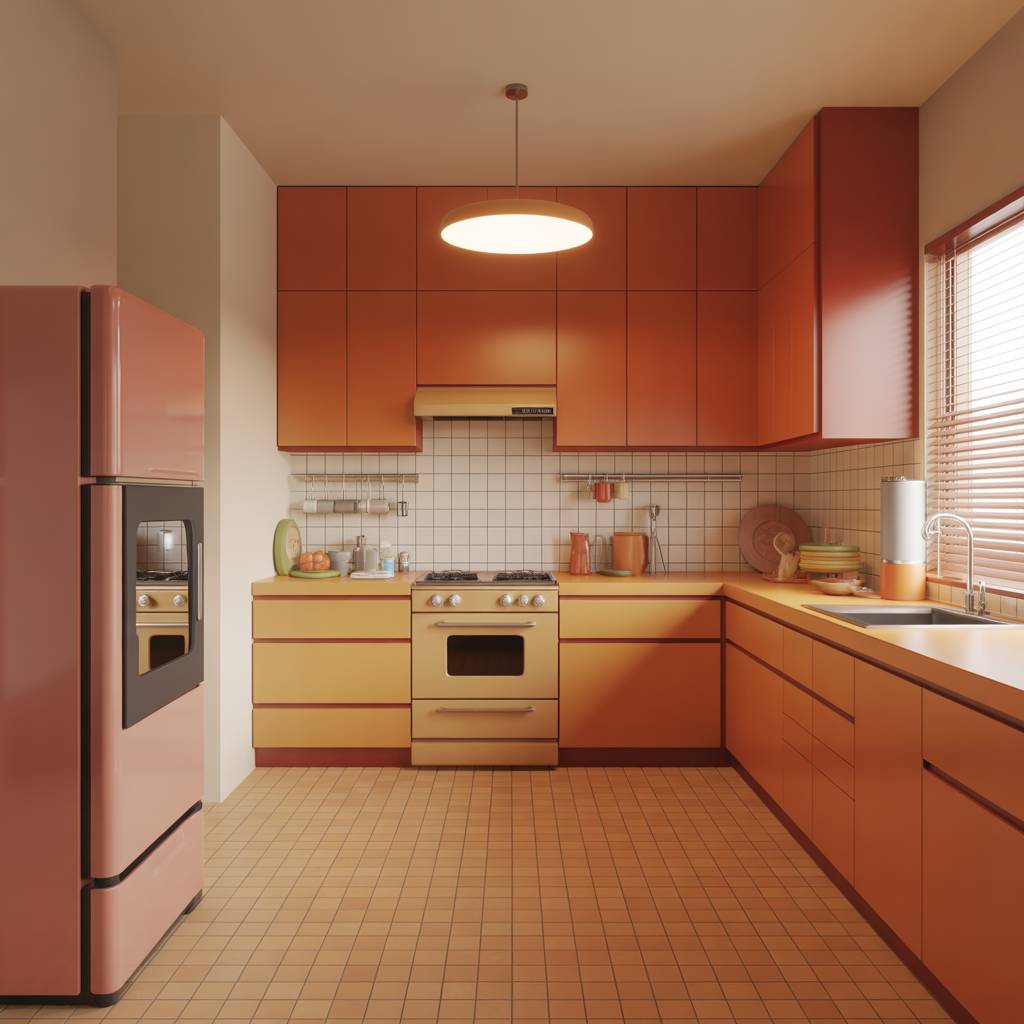 3D rendered orange-themed kitchen interior