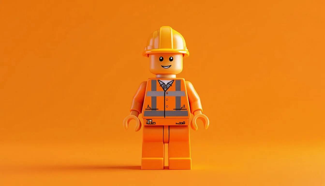 Lego construction worker figure against an orange background.