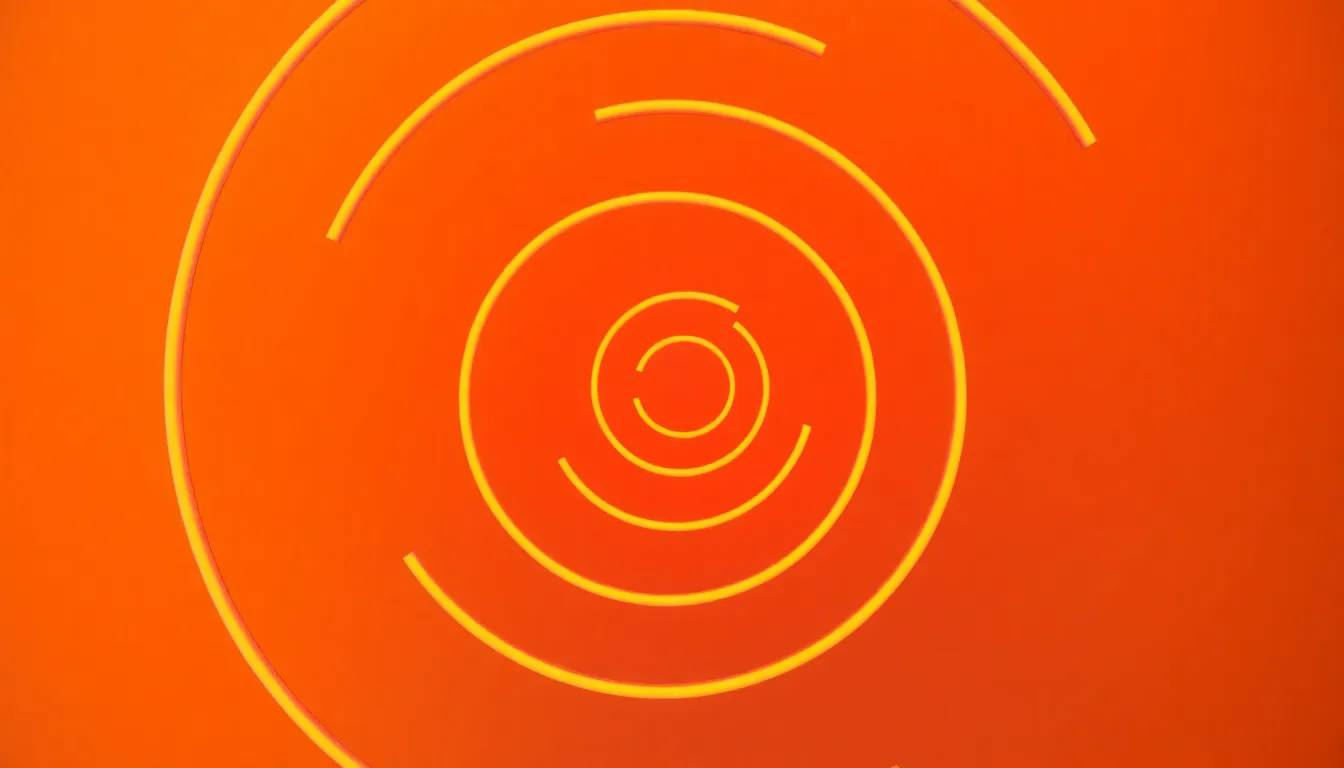 Orange background with concentric yellow spirals and curved lines.