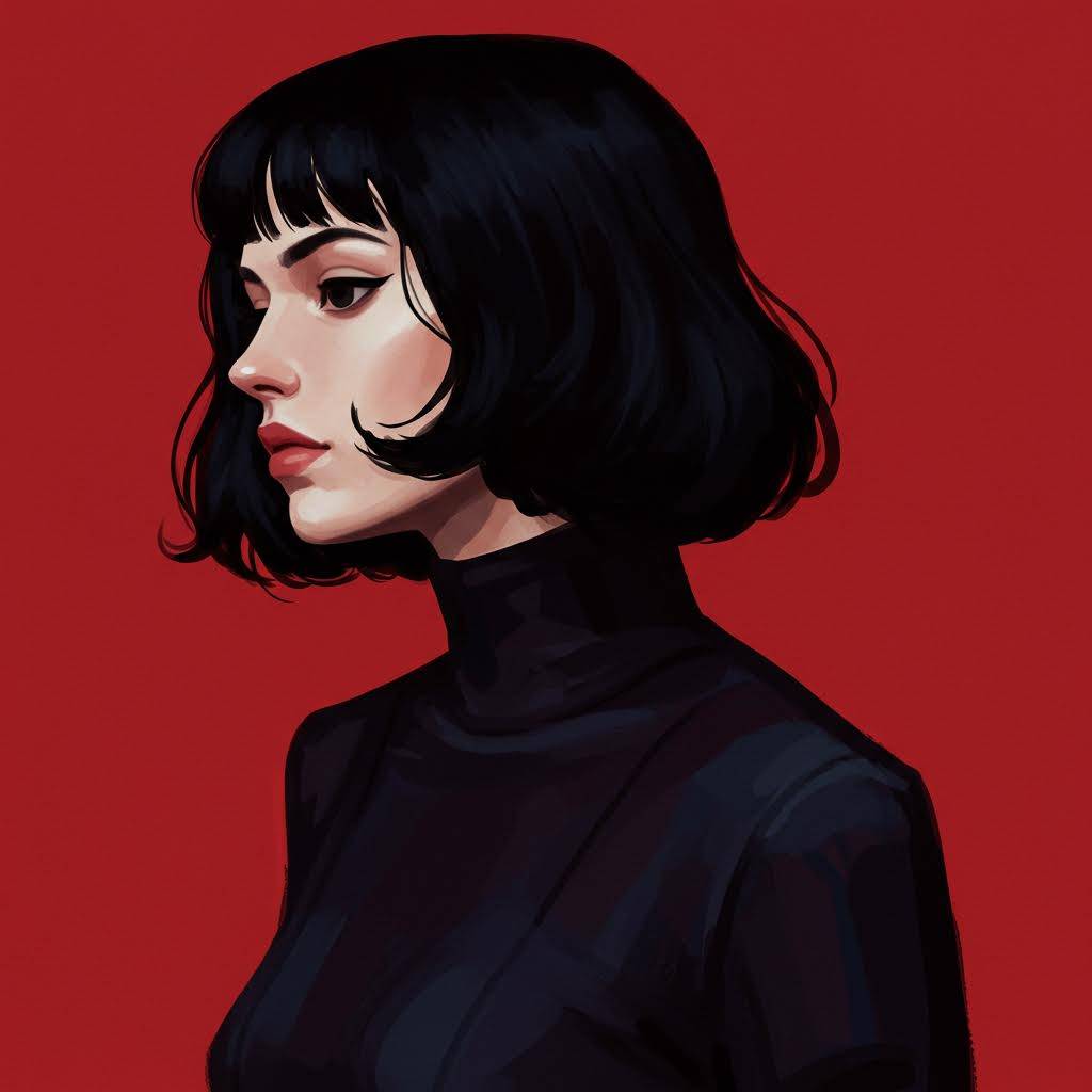 Profile of a woman with black bob hairstyle against a red background.