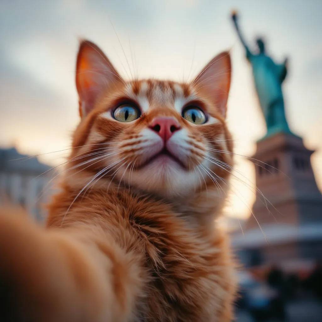 Cat taking a selfie with a statue in the background