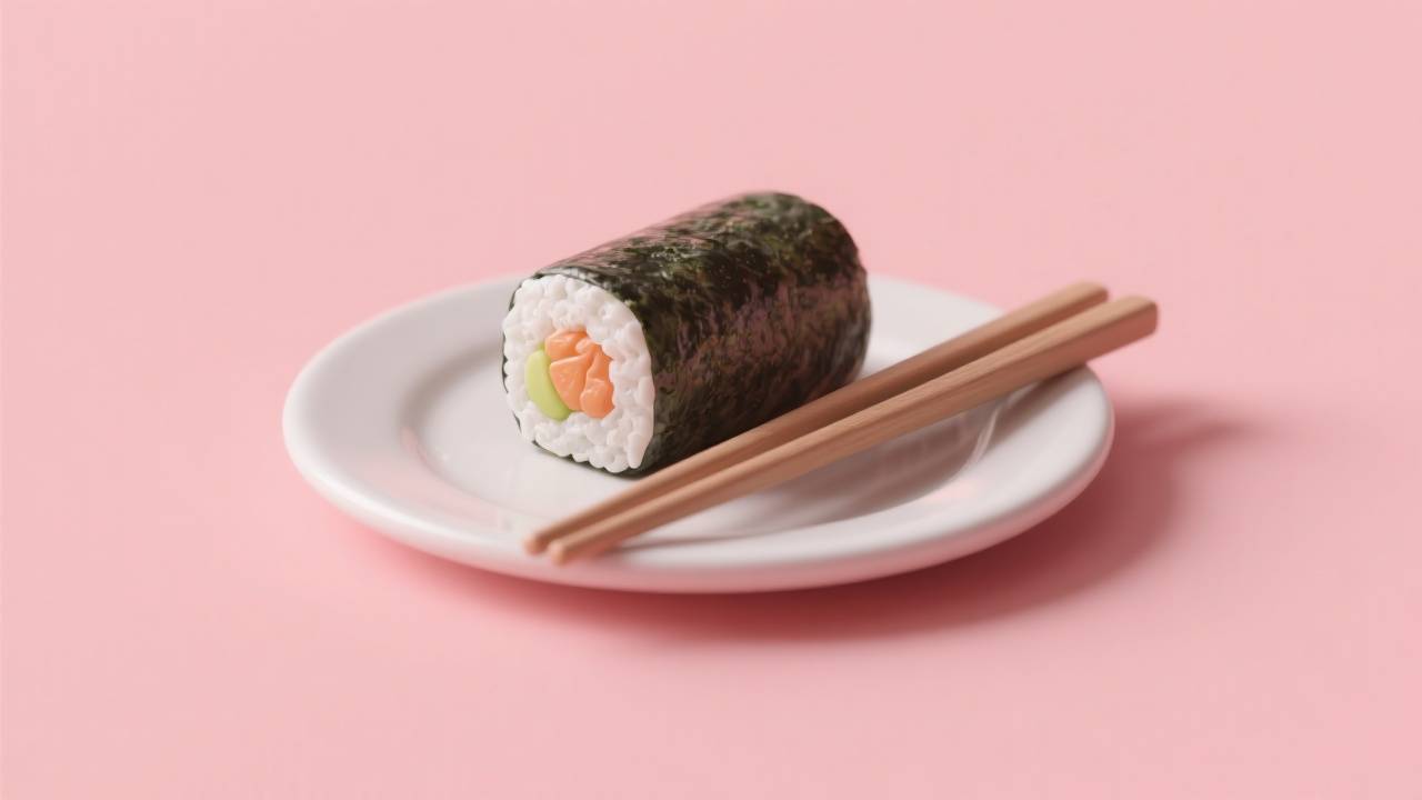 3D sushi roll on a white plate with chopsticks